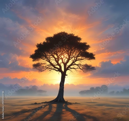 Illustration of lonely tree with sunrise behind and fogy landscape.