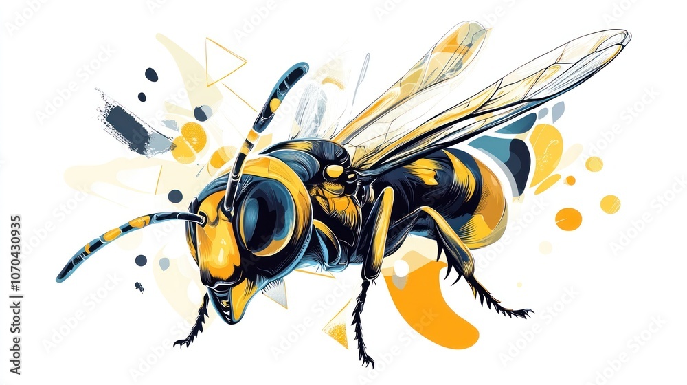 Detailed wasp with vibrant yellow and black colors, isolated on a white background. Detailed wasp with vibrant yellow and black colors, isolated on a white background.