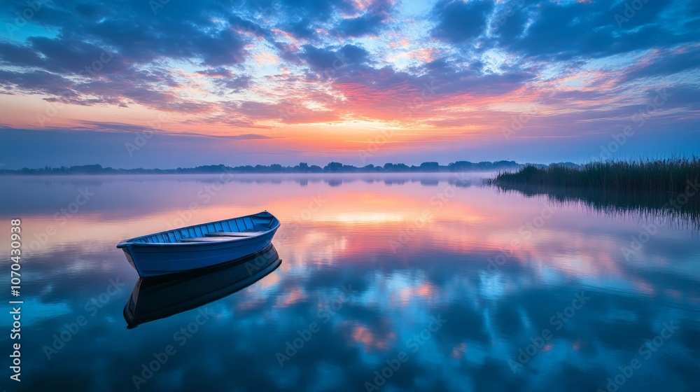 A calm river reflecting the morning sky, with a single boat gently drifting in the water. A calm river reflecting the morning sky, with a single boat gently drifting in the water.