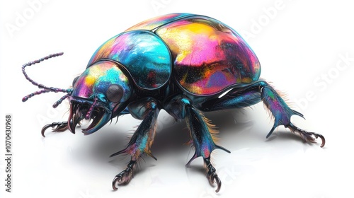 Dung beetle with shiny exoskeleton, colorful and isolated on a white background.