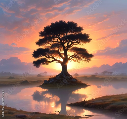 Illustration of lonely tree with sunrise behind and fogy landscape.