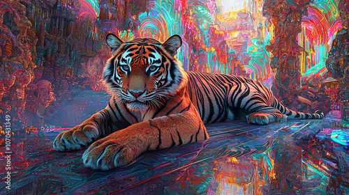 art, animal, tiger, water, design, fish, illustration, painting, pattern, sea, nature, color, flower, colorful, paint, in a dreamscape the surface reflects the early mor, untry, generative ai, landsca photo