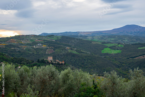 The picturesque authentic Italian landscape with villa and vineyard in cloudy weather in Val d'Orcia, Tuscany, Italy photo