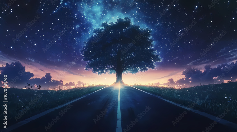 Fototapeta premium Majestic endless road inspired anime tree wallpaper, finding the goal. Majestic. Illustration
