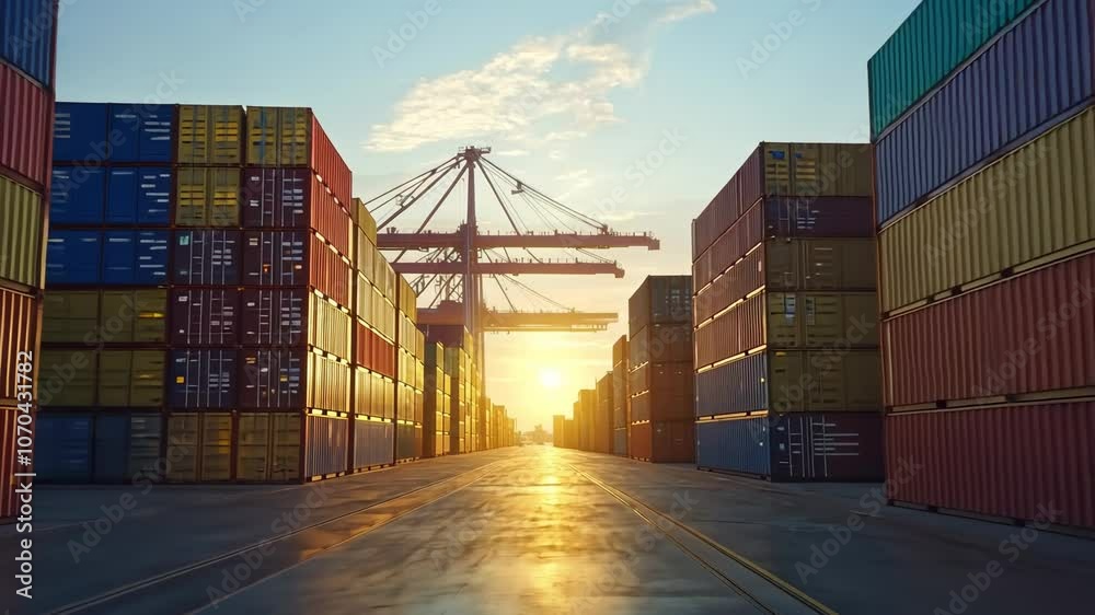 Container Port at Sunset, shipping containers, cargo containers, freight containers, shipping yard, harbor