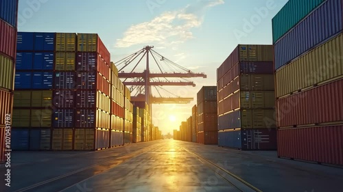 Container Port at Sunset, shipping containers, cargo containers, freight containers, shipping yard, harbor