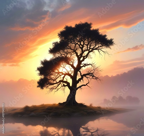 Illustration of lonely tree with sunrise behind and fogy landscape.