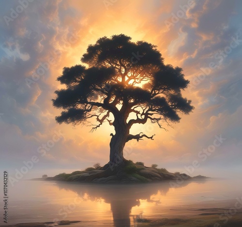 Illustration of lonely tree with sunrise behind and fogy landscape.