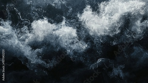Abstract white smoke cloud swirls on black background.