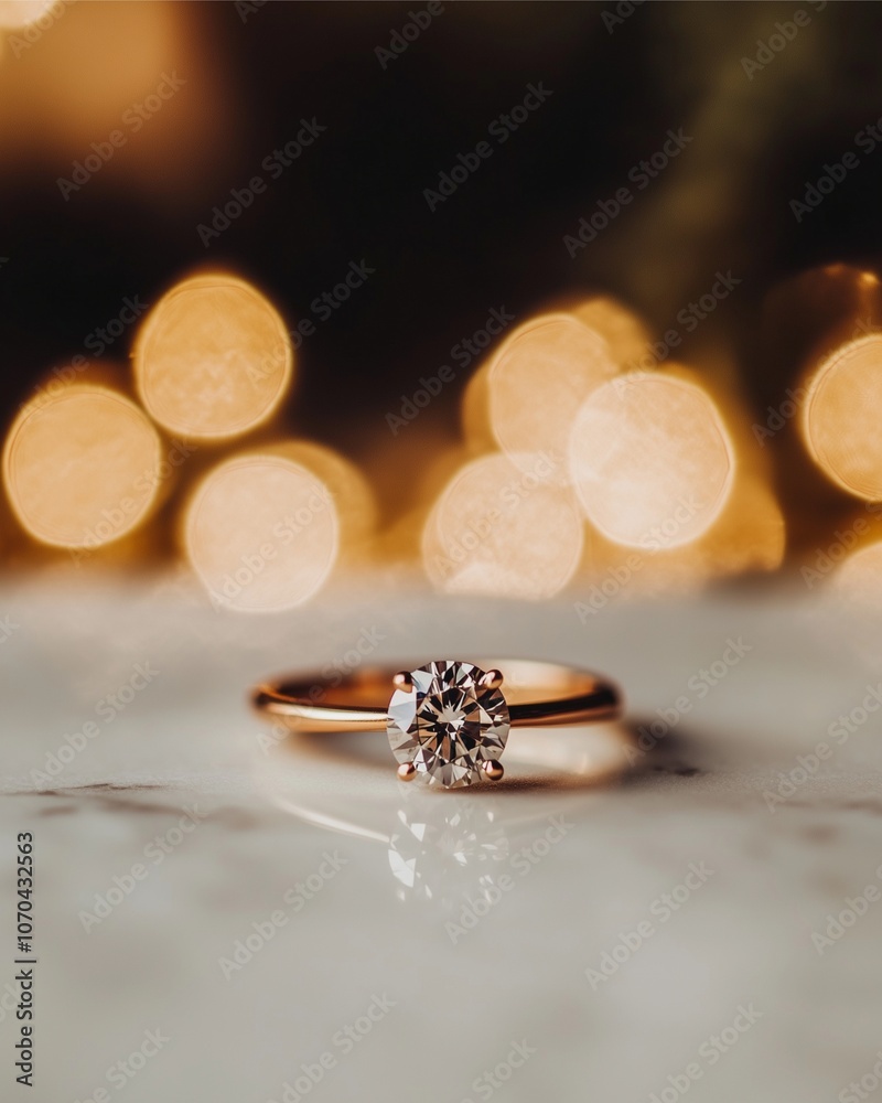 Close-up of the engagement ring in a romantic setup, on a white marble surface with a blurred romantic ambiance, soft golden lighting to emphasize the sparkle of the diamond, and minimalistic props. Close-up of the engagement ring in a romantic setup, on a white marble surface with a blurred romantic ambiance, soft golden lighting to emphasize the sparkle of the diamond, and minimalistic props.