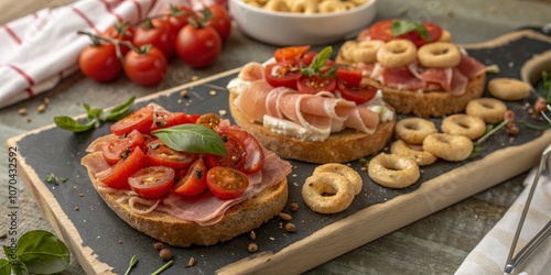 Rustic Italian Appetizer Display - Friselle, Pancetta, Tomatoes & Taralli photo