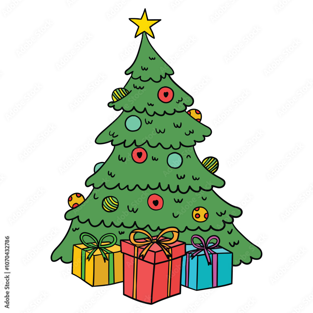 Hand drawn cartoon christmas tree and gift boxes on white background. Concept new year and christmas. Hand drawn cartoon christmas tree and gift boxes on white background. Concept new year and christmas.