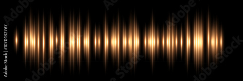 Sound wave. Music audio frequency, voice waveform, electronic radio signal, volume level, track symbol. Noise pulses curve golden line isolated on black. Abstract vector background.