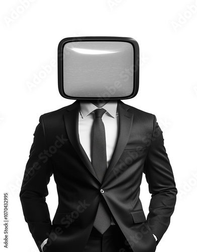 Retro man with television head on red background. Vintage man with television head. Retro collage featuring a man in a suit with a retro TV for a head. Retro collage for presentation. Standing.
