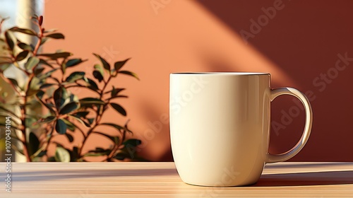 White Mug on Wooden Table with Plant and Sunlight