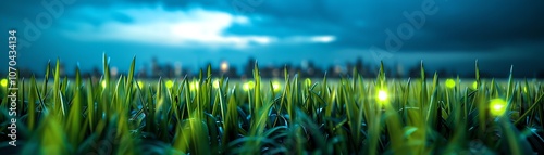 Rice stalks emitting neon-like bio-lights in a hyper-urbanized landscape, digital agriculture fused with biotechnology, futuristic city skyline in the distance photo