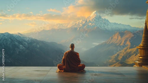 Silent wisdom of an arahant, captured in a meditative pose with a serene mountain backdrop during a significant Buddhist ceremony photo