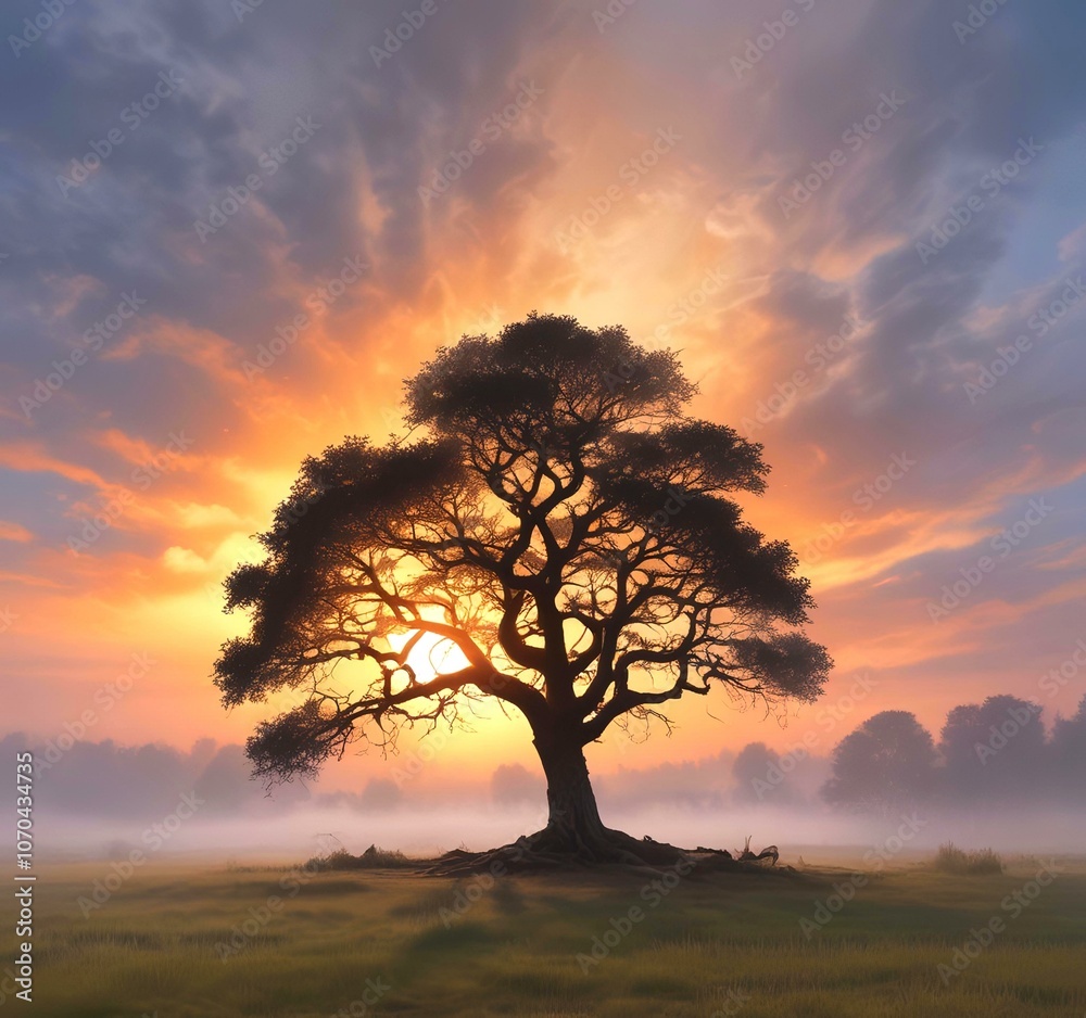 Illustration of lonely tree with sunrise behind and fogy landscape. Illustration of lonely tree with sunrise behind and fogy landscape.