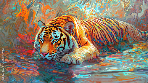 art, animal, tiger, water, design, fish, illustration, painting, pattern, sea, nature, color, flower, colorful, paint, in a dreamscape the surface reflects the early mor, untry, generative ai, landsca photo