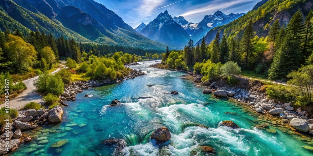 Obraz premium Stunning Mountain River Drone Shot - Crystal Blue Water