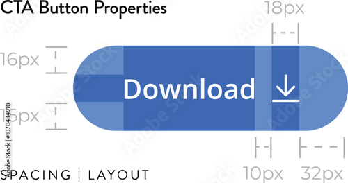 Downlod CTA button guideline properties with dimension, spacing, layout for UI design. Brand guidelines,
