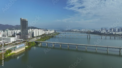 Wallpaper Mural Drone View of Seoul city in South Korea, Jamsil Han River, Summer 60fps Torontodigital.ca