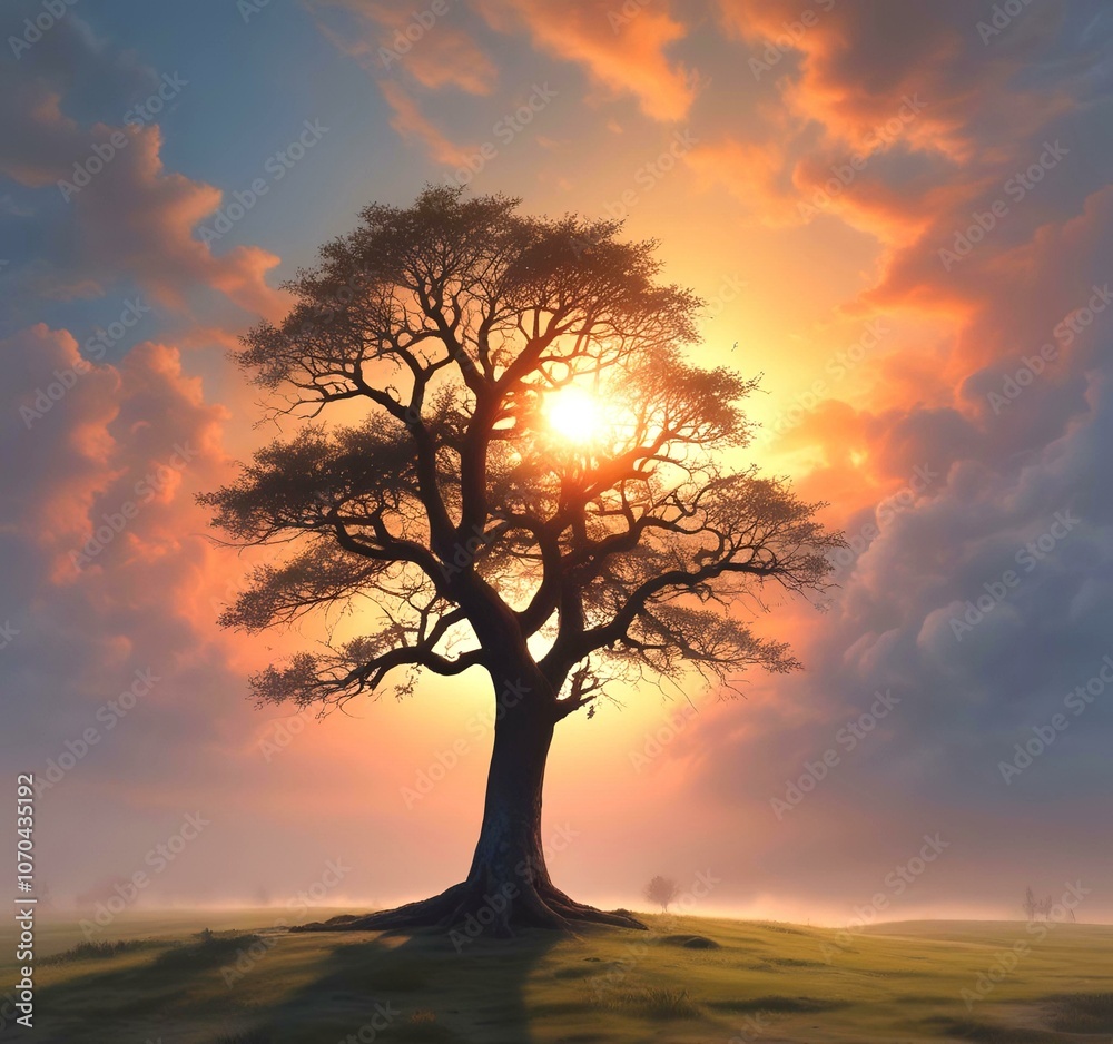 Illustration of lonely tree with sunrise behind and fogy landscape. Illustration of lonely tree with sunrise behind and fogy landscape.