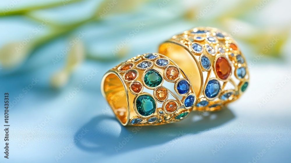 Fototapeta premium Colorful Emirati jewelry with gemstones and gold designs. Copy