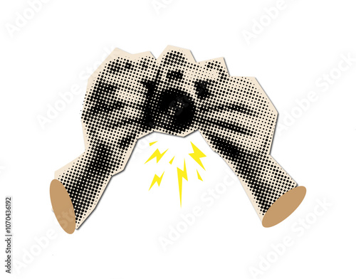 Collage halftone element with hand holding camera,design element cut out from magazine,retro halftone effect
