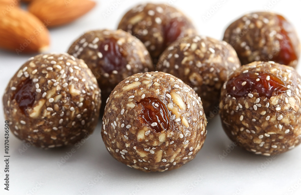 Close-up of homemade energy balls made with almonds, dates, and chia seeds, ready to be enjoyed as a healthy snack Close-up of homemade energy balls made with almonds, dates, and chia seeds, ready to be enjoyed as a healthy snack