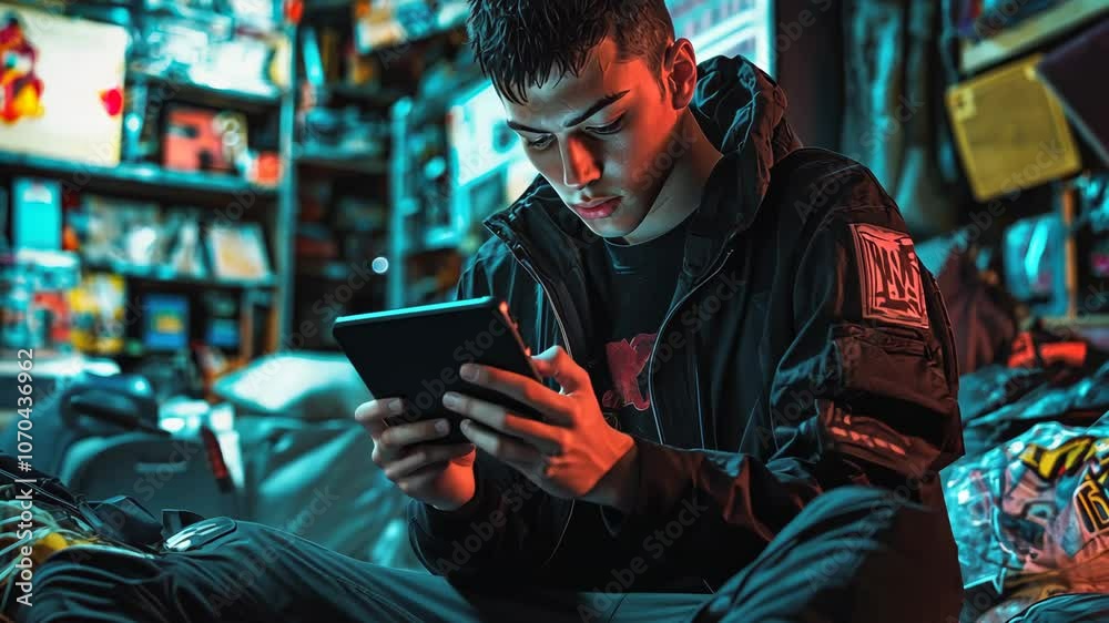 Man using tablet in a dimly lit room. Man using tablet in a dimly lit room.