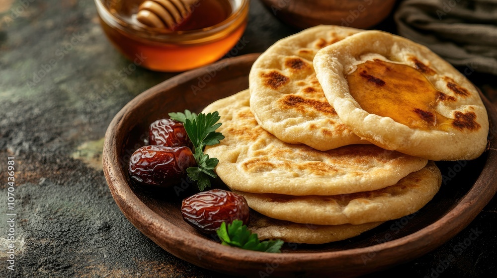 Crispy Emirati regag bread on a clay plate with a side of honey and dates. Copy space Crispy Emirati regag bread on a clay plate with a side of honey and dates. Copy space