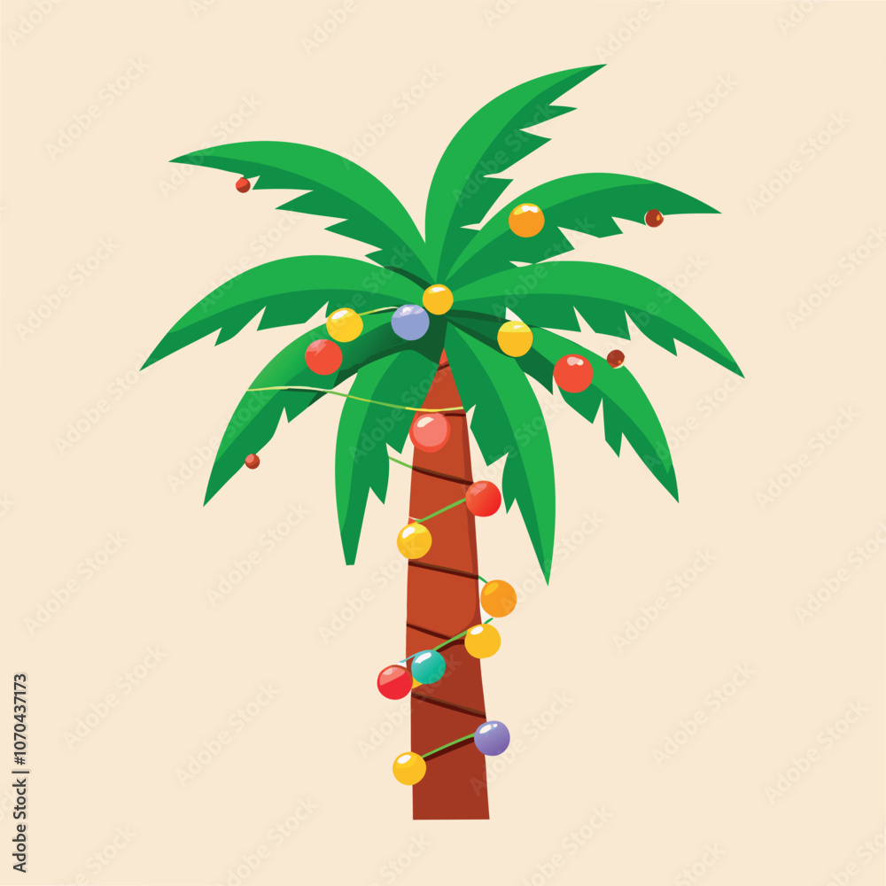 Naklejka premium Festive palm tree illustration with colorful lights, vibrant design, holiday decor idea