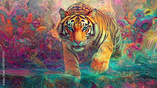 art, animal, tiger, water, design, fish, illustration, painting, pattern, sea, nature, color, flower, colorful, paint, in a dreamscape the surface reflects the early mor, untry, generative ai, landsca photo