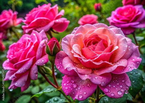 Vibrant Pink Roses in Full Bloom with Water Drops - Beautiful Garden Background After Rain Shower for Nature