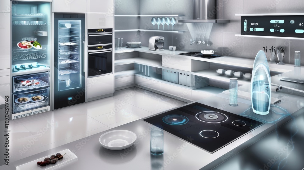 A modern kitchen with smart appliances showcasing high-tech features and a sleek design suitable for contemporary cooking and meal preparation A modern kitchen with smart appliances showcasing high-tech features and a sleek design suitable for contemporary cooking and meal preparation