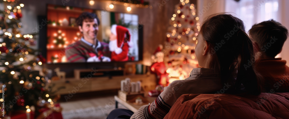 Cozy Family Evening Watching Holiday Movie Amidst Christmas Decorations