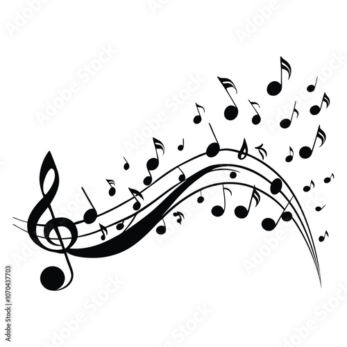 wave of musical notes black note on white background