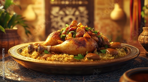 Delicious chicken kabsa garnished with aromatic spices and herbs showcasing traditional Arab cuisine photo