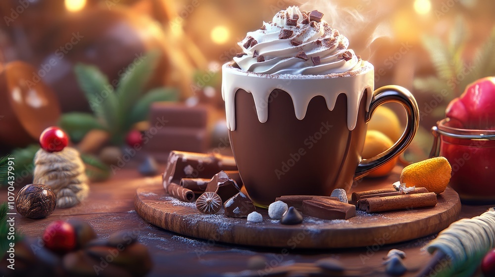 Rich hot chocolate topped with fluffy whipped cream displayed with ingredients on a rustic brown table Rich hot chocolate topped with fluffy whipped cream displayed with ingredients on a rustic brown table