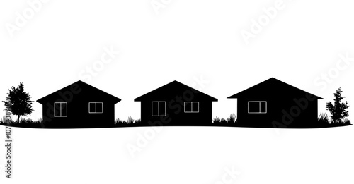 Various illustrations of city buildings in silhouettes under various constructions are presented on a white background with a flat black skyscraper and low-rise building silhouette