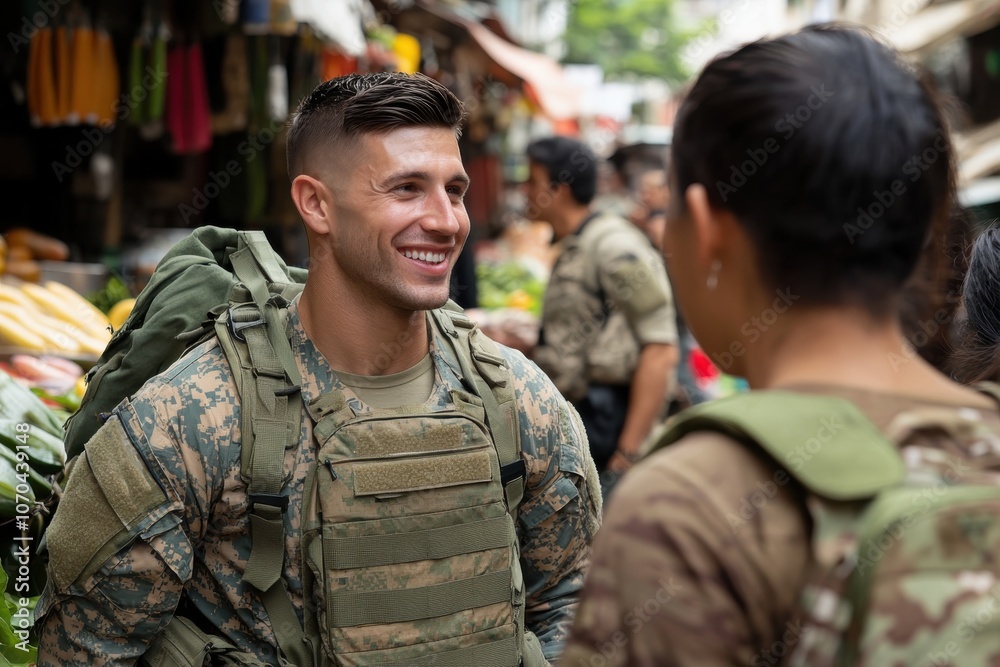 A soldier with a backpack smiles in conversation with a civilian in a bustling marketplace, capturing peaceful interaction and cultural exchange. A soldier with a backpack smiles in conversation with a civilian in a bustling marketplace, capturing peaceful interaction and cultural exchange.