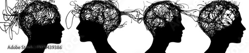 Handdrawn head silhouette depicting depression, emotions, headaches, and mental illness.