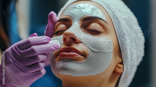 A woman enjoys a rejuvenating facial treatment at a spa, while a licensed esthetician gently applies a soothing mask to her face, enhancing her relaxation