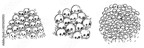 In this piece we have a pile of skulls, a pile of human skulls with different shapes painted by hand in an art style.