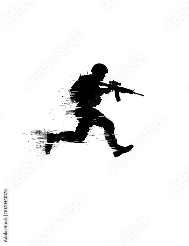 A black and white drawing of a soldier running, set against a white background. Stock illustration.