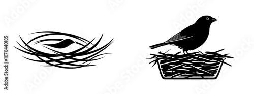 An embroidered black bird emblem on a modern perch nest logo designed by Nest Genius