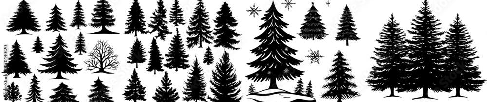 Obraz premium Set of modern hand-drawn Christmas trees.