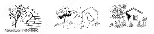 House and tree on white background, hand drawn sketch of earthquake and house