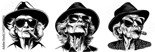 The image shows a cool grandmother smoking a cigar in sunglasses and a hat. It is outlined in black. Cuba. Logo, icon, emblem.